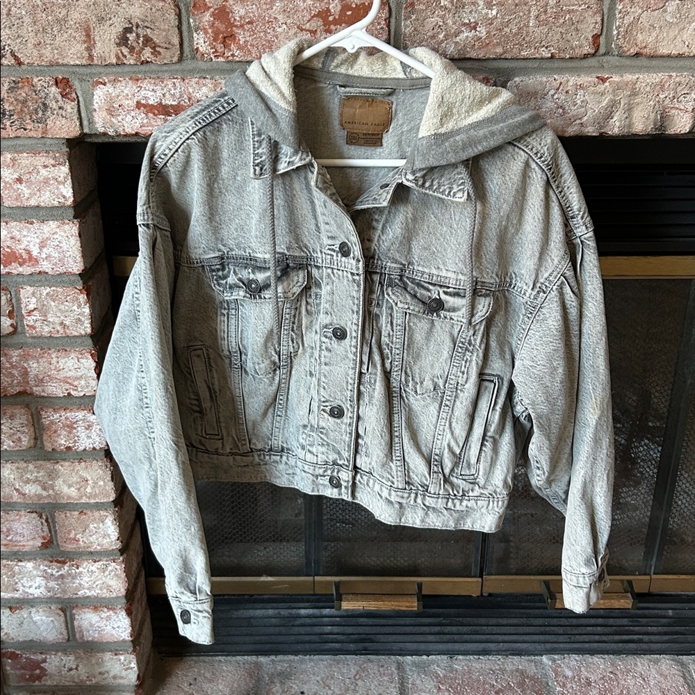 American Eagle Outfitters Cropped Hooded Denim Jacket Gray Size XS